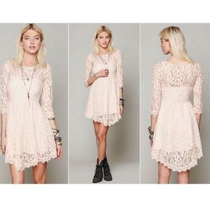 Free People pale peach cream lace 3/4 long sleeve fit n flare boho mini dress
